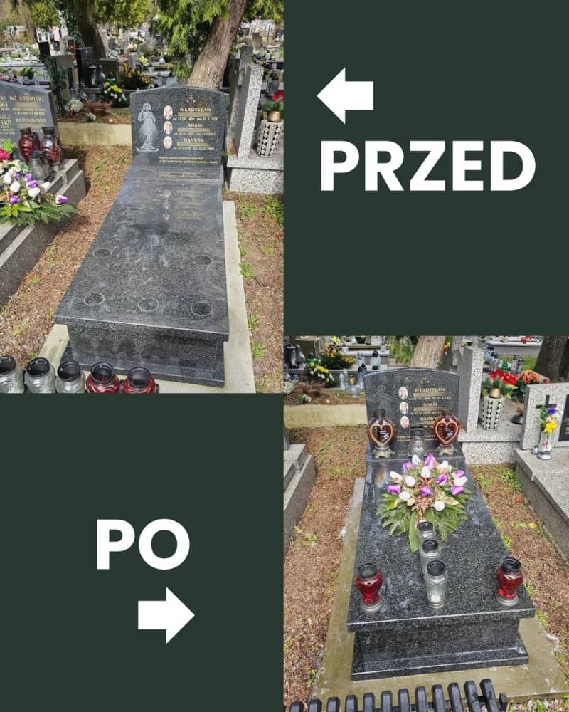 Grafika przedstawia zdjęcia wykonane przed i&nbsp;po pracami związanymi z&nbsp;opieka nad grobami w&nbsp;Krakowie i&nbsp;okolicznych miejscowościach oraz cmentarzach.